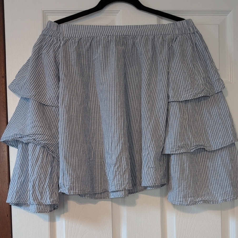 L' Academie Los Angeles Ruffled Off-Shoulder Striped Top XS